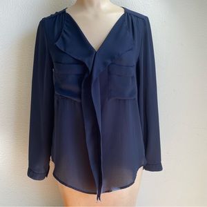 Zara Basic Women's Navy Blue Blouse Semi Sheer Long Sleeve Front Pockets Size XS
